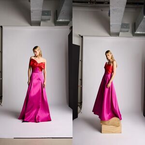 Zac Posen Red and Fuchsia Satin Strapless Maxi Gown